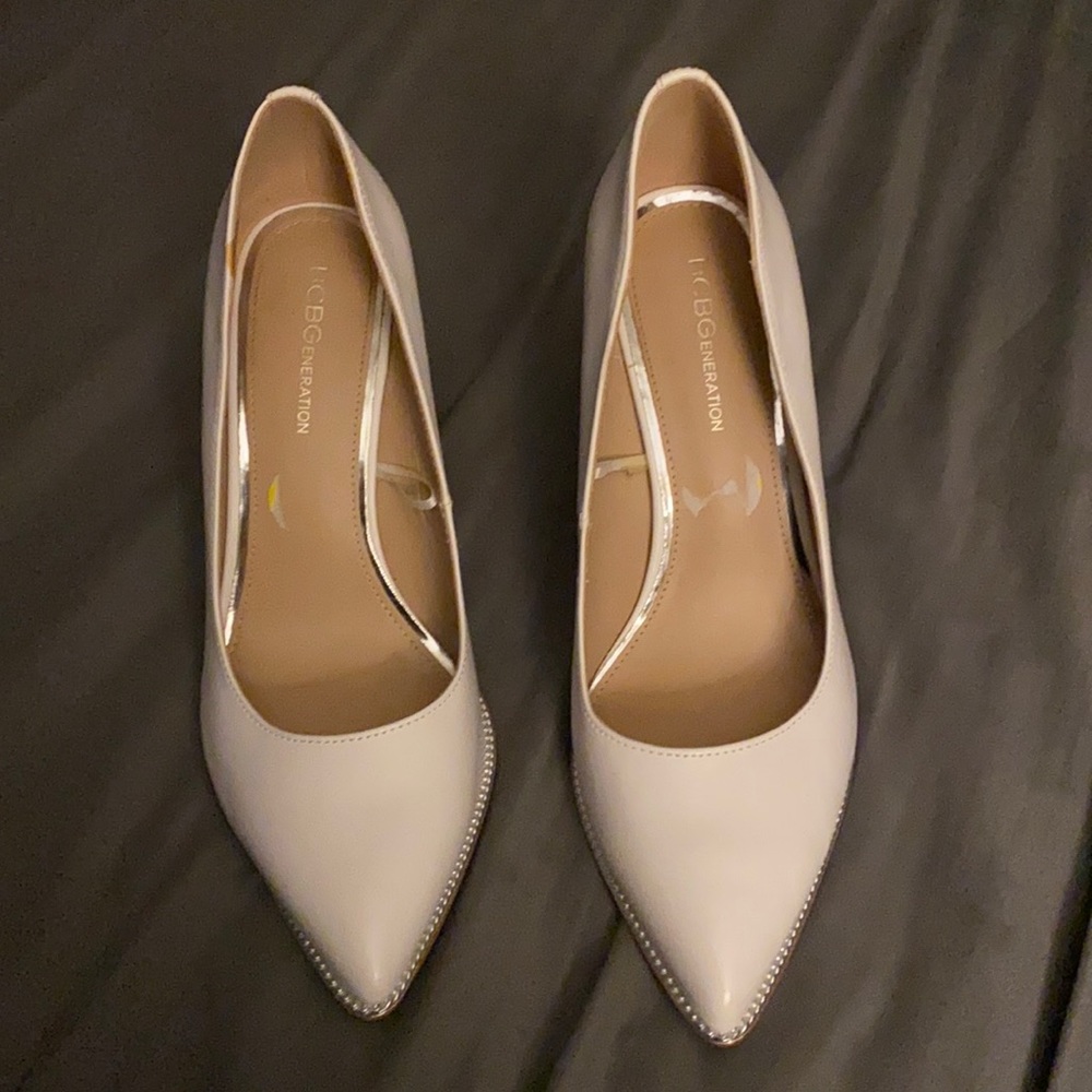 White pleather BCBG heels